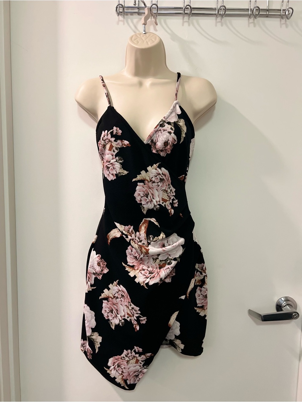 Mind Code Black Floral Mini Dress with Pink Blooms